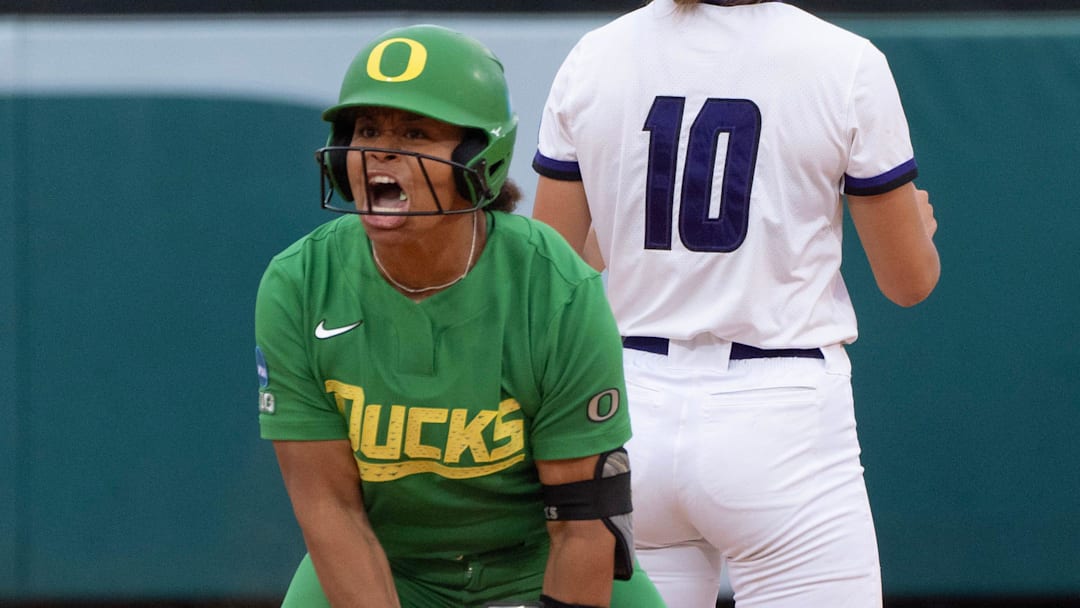 Oregon’s Dezianna Patmon celebrates a double against Weber State at the Eugene NCAA Softball Regional at Jane Sanders Stadium.
