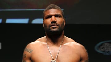 Rampage Jackson stands on the scale during weigh-ins for UFC 186 at Metropolis. 