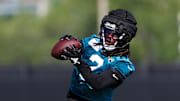 Jul 24, 2024; Jacksonville, FL, USA; Jacksonville Jaguars running back D’Ernest Johnson (2) participates in training camp at Miller Electric Center. Mandatory Credit: Nathan Ray Seebeck-Imagn Images