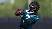 Jul 24, 2024; Jacksonville, FL, USA; Jacksonville Jaguars running back D’Ernest Johnson (2) participates in training camp at Miller Electric Center. Mandatory Credit: Nathan Ray Seebeck-Imagn Images