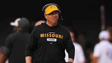 Oct 25, 2025; Nashville, Tennessee, USA;  Missouri Tigers head coach Eli Drinkwitz looks up at the video board against the Vanderbilt Commodores during the first half at FirstBank Stadium. Mandatory Credit: Steve Roberts-Imagn Images