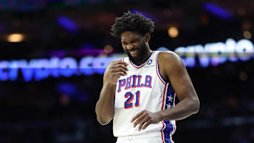 Oct 17, 2025; Philadelphia, Pennsylvania, USA; Philadelphia 76ers center Joel Embiid (21) laughs during a break in action in the first quarter against the Minnesota Timberwolves at Xfinity Mobile Arena. Mandatory Credit: Bill Streicher-Imagn Images