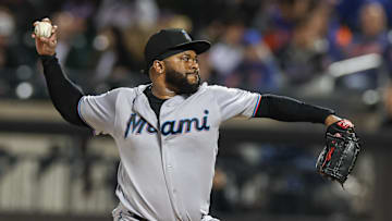 Sep 27, 2023; New York, NY, USA; Miami Marlins starting pitcher Johnny Cueto (47) delivers a pitch