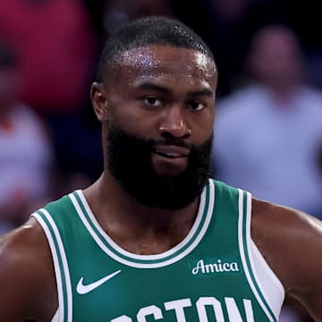 May 16, 2025; New York, New York, USA; Boston Celtics guard Jaylen Brown (7) reacts during the second quarter of game six in the second round of the 2025 NBA Playoffs against the New York Knicks at Madison Square Garden. Mandatory Credit: Brad Penner-Imagn Images