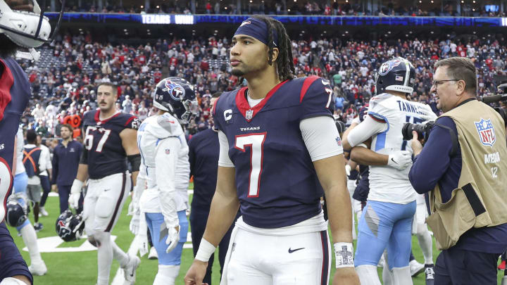 Dec 31, 2023; Houston, Texas, USA; Houston Texans quarterback C.J. Stroud (7) after the game against the Tennessee Titans at NRG Stadium. Mandatory Credit: Troy Taormina-USA TODAY Sports