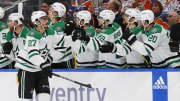 Jun 2, 2024; Edmonton, Alberta, CAN; The Dallas Stars celebrate a goal by forward Mason Marchment (27) during the third period against the Edmonton Oilers in game six of the Western Conference Final of the 2024 Stanley Cup Playoffs at Rogers Place. Mandatory Credit: Perry Nelson-USA TODAY Sports