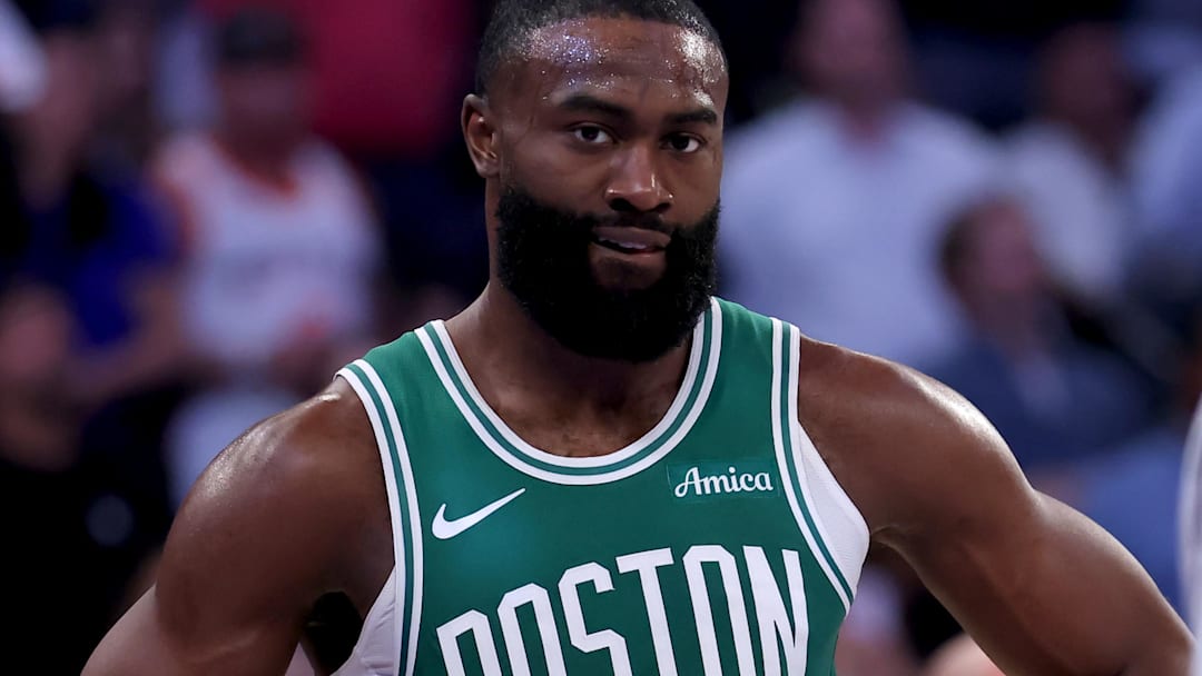 May 16, 2025; New York, New York, USA; Boston Celtics guard Jaylen Brown (7) reacts during the second quarter of game six in the second round of the 2025 NBA Playoffs against the New York Knicks at Madison Square Garden. Mandatory Credit: Brad Penner-Imagn Images