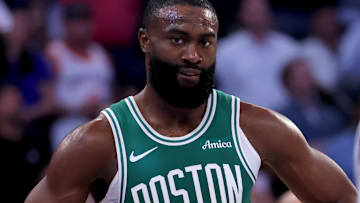 May 16, 2025; New York, New York, USA; Boston Celtics guard Jaylen Brown (7) reacts during the second quarter of game six in the second round of the 2025 NBA Playoffs against the New York Knicks at Madison Square Garden. Mandatory Credit: Brad Penner-Imagn Images