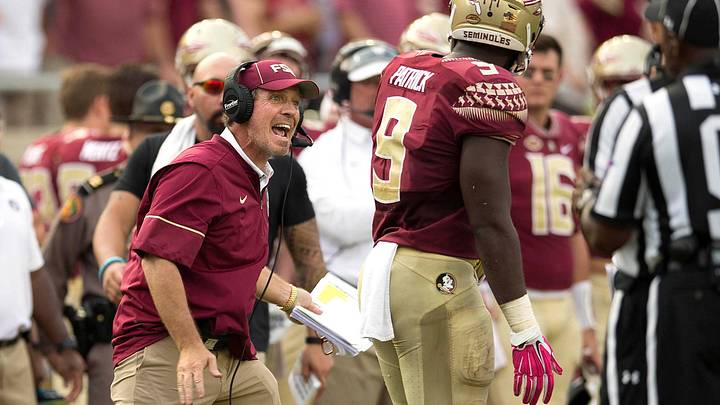 Oct 7, 2017; Tallahassee, FL, USA; The Florida State Seminoles head coach Jimbo Fisher yells as the Miami Hurricanes defeat the Florida State Seminoles 24-20 at Doak Campbell Stadium. Mandatory Credit: Glenn Beil-USA TODAY Sports