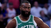 May 16, 2025; New York, New York, USA; Boston Celtics guard Jaylen Brown (7) reacts during the second quarter of game six in the second round of the 2025 NBA Playoffs against the New York Knicks at Madison Square Garden. Mandatory Credit: Brad Penner-Imagn Images