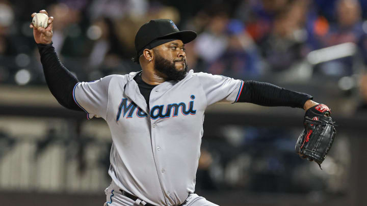 Sep 27, 2023; New York, NY, USA; Miami Marlins starting pitcher Johnny Cueto (47) delivers a pitch during the first inning against the New York Mets at Citi Field. 