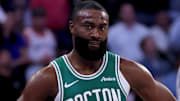 May 16, 2025; New York, New York, USA; Boston Celtics guard Jaylen Brown (7) reacts during the second quarter of game six in the second round of the 2025 NBA Playoffs against the New York Knicks at Madison Square Garden. Mandatory Credit: Brad Penner-Imagn Images