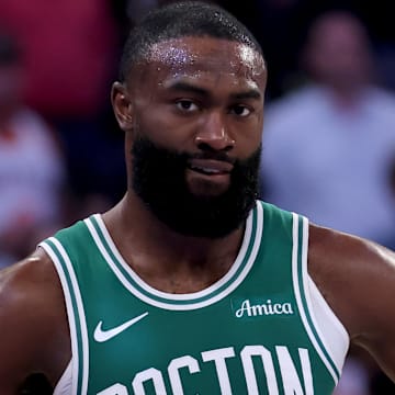 May 16, 2025; New York, New York, USA; Boston Celtics guard Jaylen Brown (7) reacts during the second quarter of game six in the second round of the 2025 NBA Playoffs against the New York Knicks at Madison Square Garden. Mandatory Credit: Brad Penner-Imagn Images