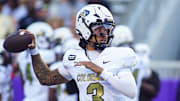Oct 4, 2025; Fort Worth, Texas, USA; Colorado Buffaloes quarterback Kaidon Salter (3) warms up prior to a game against the TCU Horned Frogs at Amon G. Carter Stadium. Mandatory Credit: Raymond Carlin III-Imagn Images