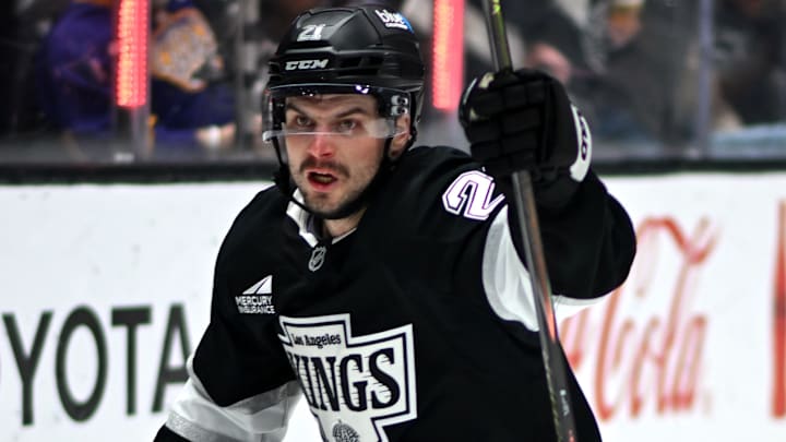Apr 2, 2026; Los Angeles, California, USA; Los Angeles Kings center Scott Laughton (21) celebrates after scoring against the Nashville Predators during the second period at Crypto.com Arena. Mandatory Credit: Griffin Hooper-Imagn Images
