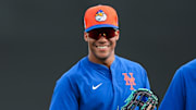 Feb 19, 2025; Port St. Lucie, FL, USA; New York Mets right fielder Juan Soto (22) looks on during a spring training workout at Clover Park. Mandatory Credit: Sam Navarro-Imagn Images