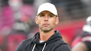 Oct 5, 2025; Glendale, Arizona, USA; Arizona Cardinals head coach Jonathan Gannon stands on the field before their game against the Tennessee Titans at State Farm Stadium. Mandatory Credit: Joe Camporeale-Imagn Images