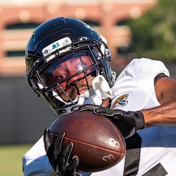 Jacksonville Jaguars cornerback Jourdan Lewis (2) hauls in a pass while running drills during an NFL training camp fifth session at the Miller Electric Center, Monday, July 28, 2025, in Jacksonville, Fla. [Doug Engle/Florida Times-Union]
