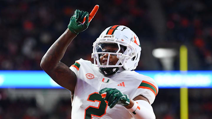 Nov 30, 2024; Syracuse, New York, USA; Miami Hurricanes wide receiver Isaiah Horton (2) reacts after a play against the Syracuse Orange during the first half at the JMA Wireless Dome. Mandatory Credit: Rich Barnes-Imagn Images