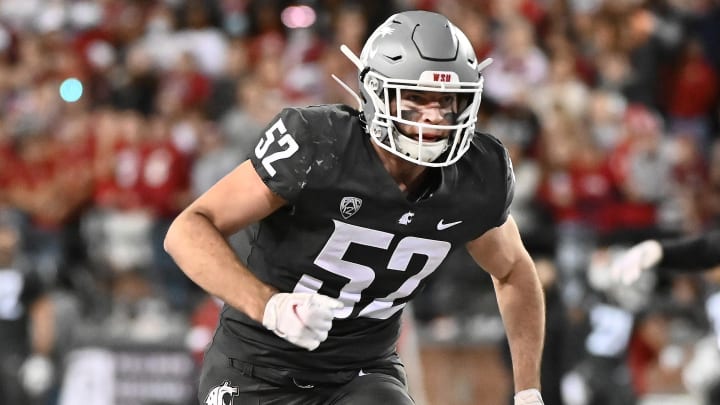 Oct 16, 2021; Pullman, Washington, USA; Washington State Cougars linebacker Kyle Thornton (52) runs down field against the Stanford Cardinal in the second half at Gesa Field at Martin Stadium. The Cougars won 34-31. Mandatory Credit: James Snook-USA TODAY Sports