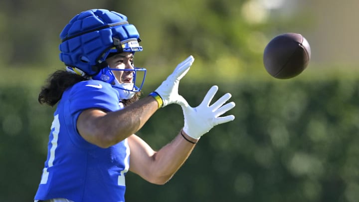 Nacua catches a pass during training camp at Loyola Marymount University.