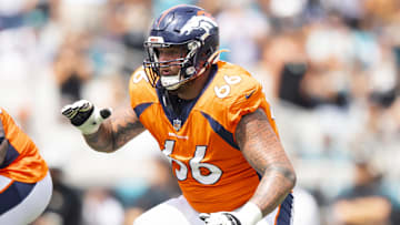 Sep 19, 2021; Jacksonville, Florida, USA; Denver Broncos guard Dalton Risner (66) against the