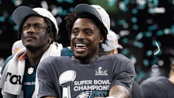 Feb 9, 2025; New Orleans, LA, USA; Philadelphia Eagles   safety C.J. Gardner-Johnson celebrates after defeating the Kansas City Chiefs in Super Bowl LIX at Ceasars Superdome. Mandatory Credit: Mark J. Rebilas-Imagn Images
