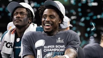 Feb 9, 2025; New Orleans, LA, USA; Philadelphia Eagles   safety C.J. Gardner-Johnson celebrates after defeating the Kansas City Chiefs in Super Bowl LIX at Ceasars Superdome. Mandatory Credit: Mark J. Rebilas-Imagn Images