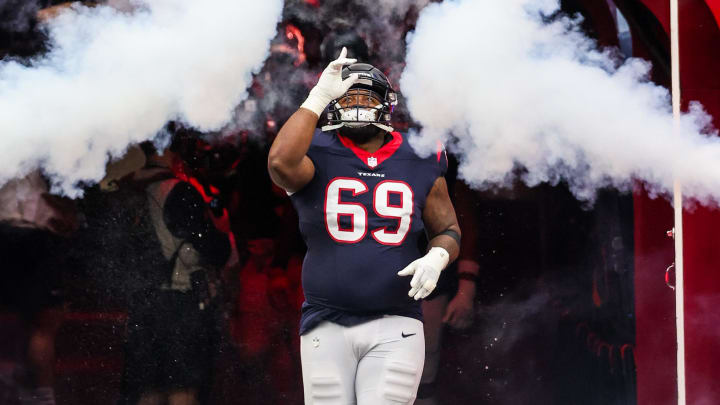 Dec 3, 2023; Houston, Texas, USA; Houston Texans guard Shaq Mason (69) is introduced before playing against the Denver Broncos at NRG Stadium. Mandatory Credit: Thomas Shea-USA TODAY Sports