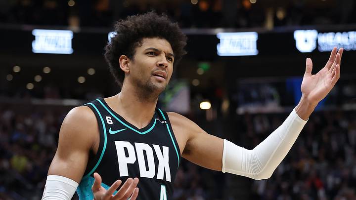 Mar 22, 2023; Salt Lake City, Utah, USA; Portland Trail Blazers guard Matisse Thybulle (4) reacts to a foul call against the Utah Jazz in the third quarter at Vivint Arena. Mandatory Credit: Rob Gray-USA TODAY Sports