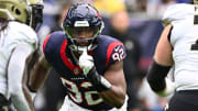 Houston Texans defensive end Dylan Horton rushes the quarterback during a game in October.