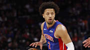 Dec 13, 2023; Detroit, Michigan, USA;  Detroit Pistons guard Cade Cunningham (2) dribbles in the second half against the Philadelphia 76ers at Little Caesars Arena. Mandatory Credit: Rick Osentoski-Imagn Images