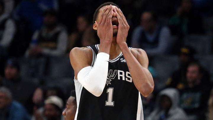 Jan 2, 2024; Memphis, Tennessee, USA; San Antonio Spurs center Victor Wembanyama (1) reacts during the first half against the Memphis Grizzlies at FedExForum. Mandatory Credit: Petre Thomas-USA TODAY Sports