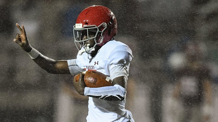 Brentwood Academy's Amir Annoor (17) celebrates an interception against MBA during the second half at Montgomery Bell Academy in Nashville, Tenn., Friday, Oct. 11, 2019.