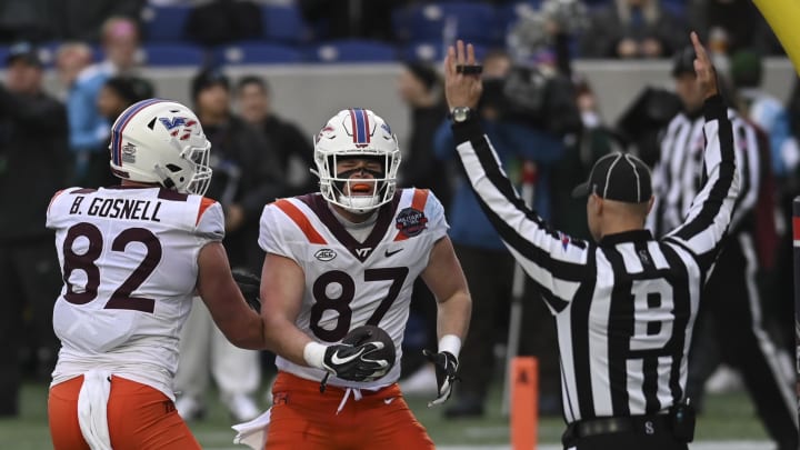 Dec 27, 2023; Annapolis, MD, USA;  Virginia Tech Hokies tight end Harrison Saint Germain (87) celebrates after scoring a first half touchdown against the Tulane Green Wave at Navy-Marine Corps Memorial Stadium. Mandatory Credit: Tommy Gilligan-USA TODAY Sports