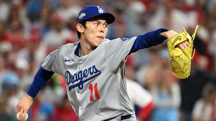 Oct 4, 2025; Philadelphia, Pennsylvania, USA; Los Angeles Dodgers pitcher Roki Sasaki (11) throws a pitch during the ninth inning against the Philadelphia Phillies during game one of the NLDS round for the 2025 MLB playoffs at Citizens Bank Park. Mandatory Credit: Eric Hartline-Imagn Images