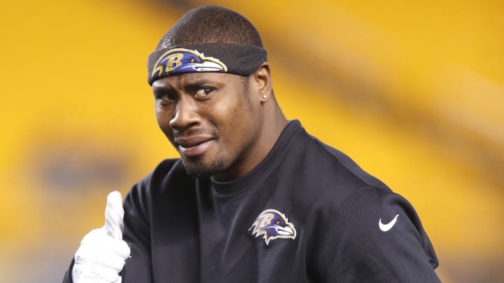 Jan 3, 2015; Pittsburgh, PA, USA; Baltimore Ravens wide receiver Jacoby Jones (12) gestures before playing the Pittsburgh Steelers in the 2014 AFC Wild Card playoff football game at Heinz Field. The Ravens won 30-17. Mandatory Credit: Charles LeClaire-USA TODAY Sports