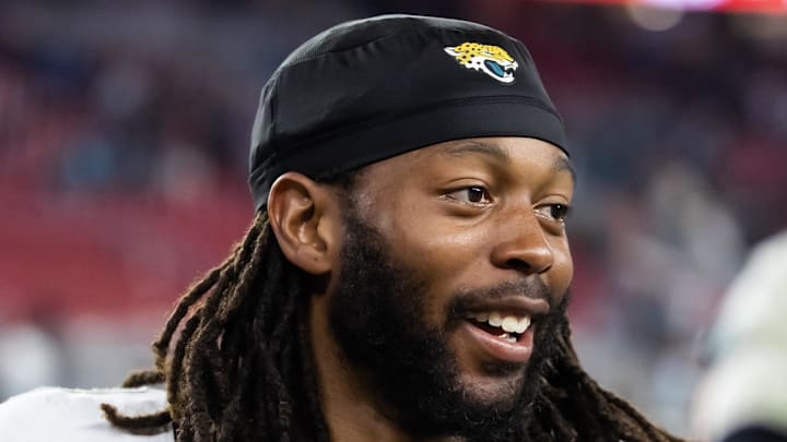 Nov 23, 2025; Glendale, Arizona, USA; Jacksonville Jaguars wide receiver Jakobi Meyers (3) against the Arizona Cardinals at State Farm Stadium. Mandatory Credit: Mark J. Rebilas-Imagn Images