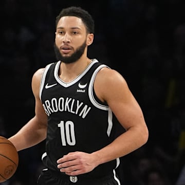 Feb 10, 2024; Brooklyn, New York, USA;  Brooklyn Nets point guard Ben Simmons (10) dribbles the ball up the court against the San Antonio Spurs during the second half at Barclays Center. Mandatory Credit: Gregory Fisher-Imagn Images