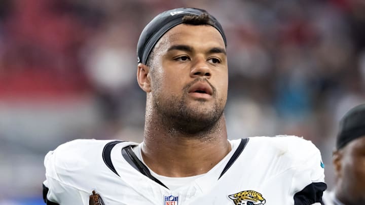 Nov 23, 2025; Glendale, Arizona, USA; Jacksonville Jaguars defensive tackle Arik Armstead (91) against the Arizona Cardinals at State Farm Stadium. 