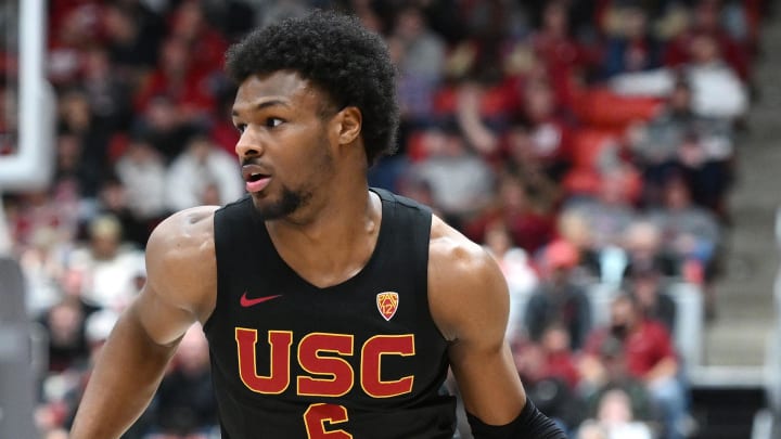 Feb 29, 2024; Pullman, Washington, USA; USC Trojans guard Bronny James (6) controls the ball against the Washington State Cougars in the second half at Friel Court at Beasley Coliseum. Washington State Cougars won 75-72. Mandatory Credit: James Snook-USA TODAY Sports