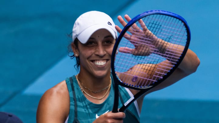 Madison Keys celebrates winning a match at the 2025 Australian Open.