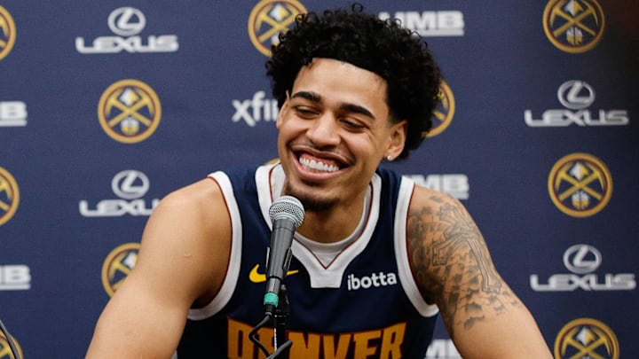 Sep 29, 2025; Denver, CO, USA; Denver Nuggets players Jonas Valanciunas (17) and Julian Strawther (3) address the media during media day at Ball Arena. Mandatory Credit: Isaiah J. Downing-Imagn Images