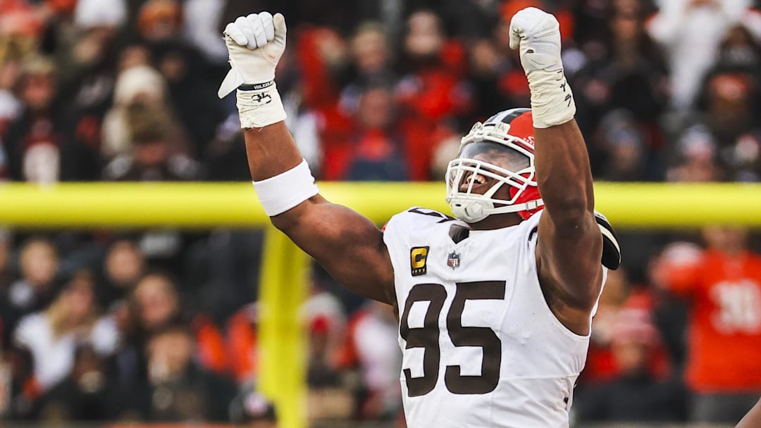 Jan 4, 2026; Cincinnati, Ohio, USA; Cleveland Browns defensive end Myles Garrett (95) celebrates following a sack against the Cincinnati Bengals during the fourth quarter at Paycor Stadium. The play set a new NFL single season sack record by Garrett. Mandatory Credit: Joseph Maiorana-Imagn Images