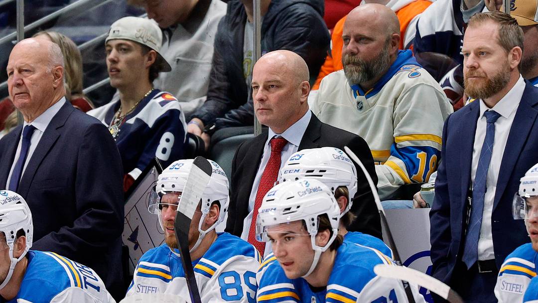 Dec 31, 2025; Denver, Colorado, USA; St. Louis Blues head coach Jim Montgomery in the first period against the Colorado Avalanche at Ball Arena. Mandatory Credit: Isaiah J. Downing-Imagn Images