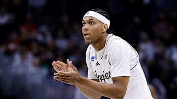 March 20, 2025; Denver, CO, USA; Texas A&M Aggies guard Zhuric Phelps (1) reacts during the first half against the Yale Bulldogs at Ball Arena. Mandatory Credit: Isaiah J. Downing-Imagn Images