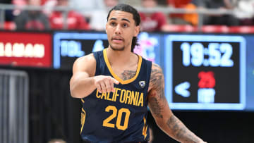 Feb 15, 2024; Pullman, Washington, USA; California Golden Bears guard Jaylon Tyson (20) controls the ball against the Washington State Cougars in the first half at Friel Court at Beasley Coliseum. Mandatory Credit: James Snook-USA TODAY Sports