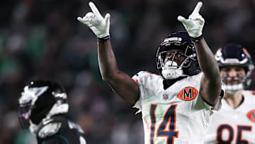 Nov 28, 2025; Philadelphia, Pennsylvania, USA; Chicago Bears wide receiver Olamide Zaccheaus (14) celebrates a first down against the Philadelphia Eagles during the fourth quarter of the game at Lincoln Financial Field.