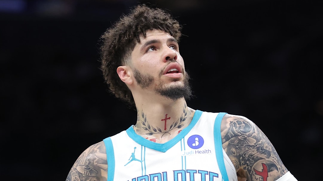 Mar 31, 2026; Brooklyn, New York, USA; Charlotte Hornets guard LaMelo Ball (1) during the first quarter against the Brooklyn Nets at Barclays Center. Mandatory Credit: Brad Penner-Imagn Images