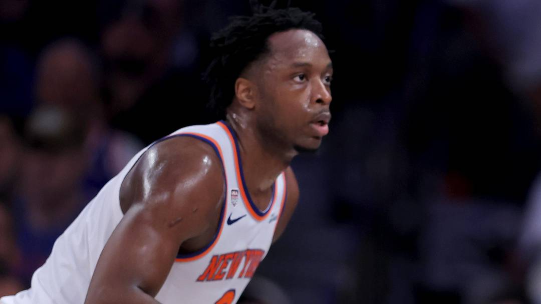 Jun 10, 2026; New York, New York, USA; San Antonio Spurs forward Victor Wembanyama (1) controls the ball against New York Knicks forward OG Anunoby (8) during the second quarter of game four of the 2026 NBA Finals at Madison Square Garden. 